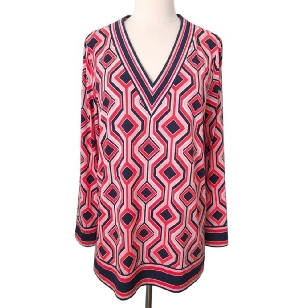 Michael Kors Pink & Blue Diamond Geometric V-Neck Resort Tunic Top- Plus Size 0X